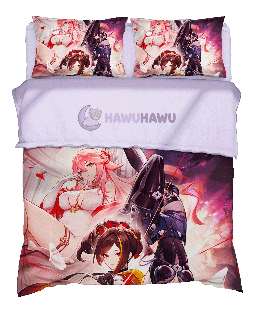 Yae Miko&Chiori Genshin Impact Bedding Set 4-Piece HD Print - HaWuHaWu